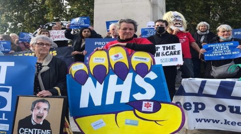NHS campaigners at a protest against NHS privatisation and integrated care systems NHS campaigners at a protest against NHS privatisation and integrated care systems