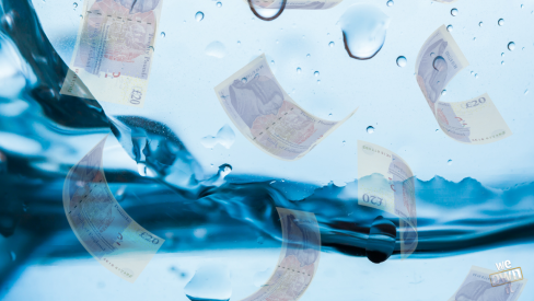 Picture of £20 notes against a watery background