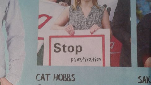 Picture of Cat Hobbs and 'stop privatisation' placard